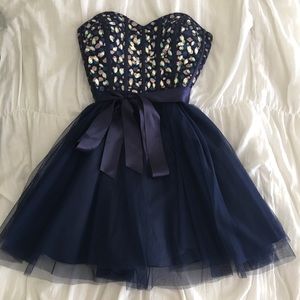 navy blue tulle homecoming dress with jewels